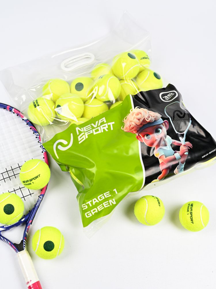 Детские теннисные мячи NEVA SPORT Green (36 мячей в пакете)