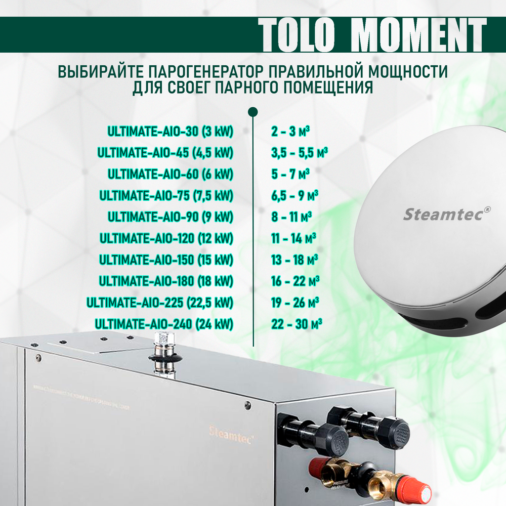 Парогенераторы для хамама и турецкой бани Steamtec TOLO MOMENT - 6 кВт/ Cерия PLATINUM со встроенной музыкой, пультом на 9-ти языках и возможностю монтажа без термодатчиков