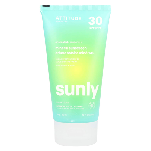 ATTITUDE, Sunly, минеральное солнцезащитное средство, SPF 30, без запаха, 150 г (5,2 унции)