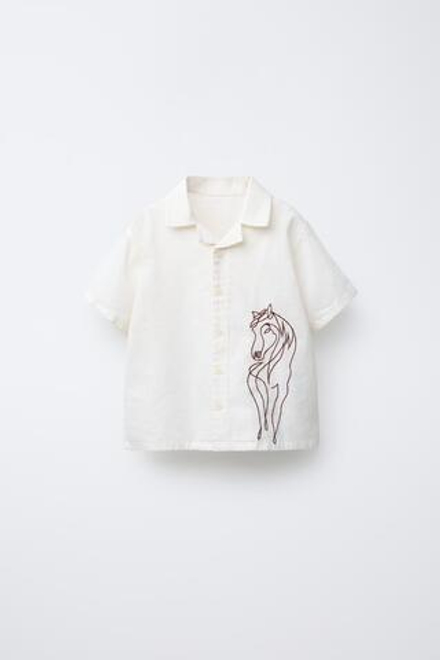 ZARA РУБАШКА ИЗ СМЕСОВОГО ЛЬНА С ВЫШИВКОЙ «ЛОШАДЬ», ЭКРЮ