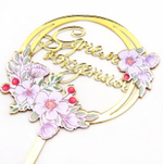 Топпер пластиковый "С днем рождения", круг с белыми цветами 10 см