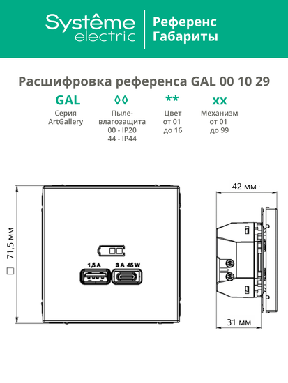 Розетка USB ArtGallery тип A+C 45Вт QC PD высокоскор. ЗУ механизм карбон SE GAL001029