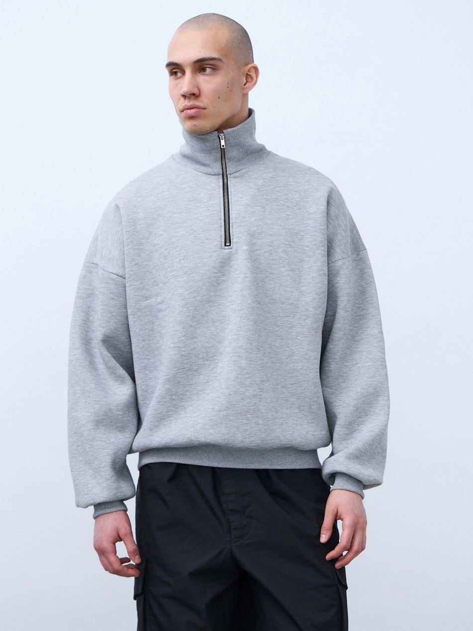 Свитшот с воротником на молнии с начесом (серый меланж)