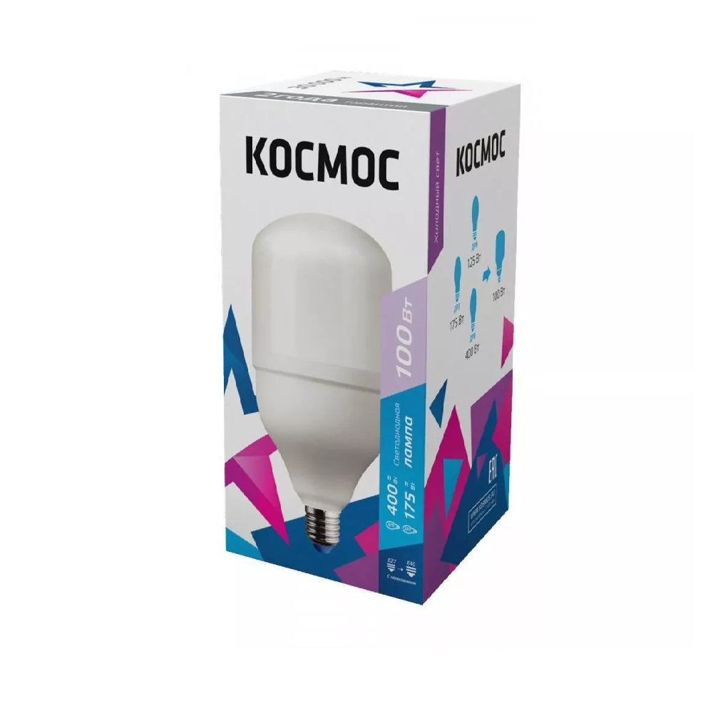 КОСМОС Лампа высокомощная Е27 A160 100W 8500lm 6500K 6K 270*160 с перех. на Е40