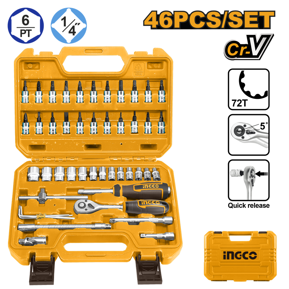 Набор торцевых головок с трещоткой INGCO HKTS14462 INDUSTRIAL 1/4&quot; 4-14 мм 46 шт.