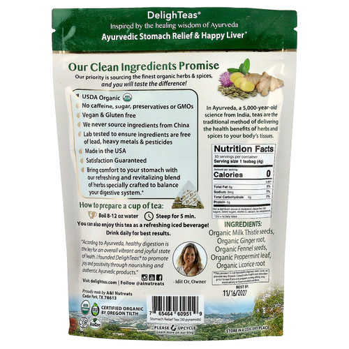 DelighTeas, Ayurvedic Stomach Relief & Happy Liver, травяной чай для выведения токсинов, без кофеина, 30 роскошных чайных пакетиков Pyramid, 120 г (4,2 унции)