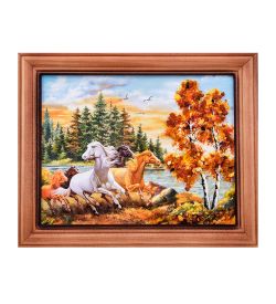 AMB-74/ 4 Картина «Лошади» (с янтарной крошкой) дер.краш.рамка 12х15