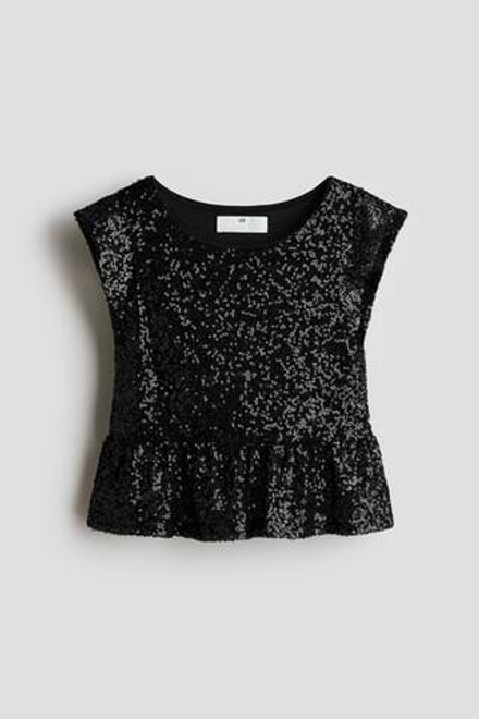 H&M Топ с баской и пайетками, черный