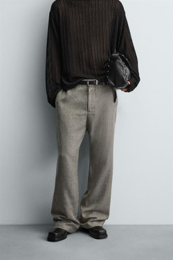 ZARA БРЮКИ FLARED FIT ИЗ РЕЛЬЕФНОЙ ТКАНИ, СЕРЫЙ / БЕЖЕВЫЙ