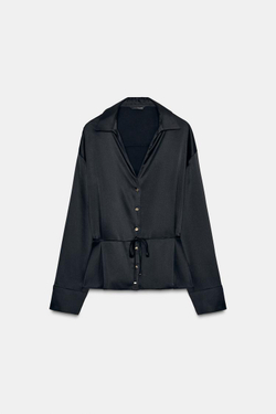 ZARA АТЛАСНАЯ БЛУЗА С ТОНКИМ РЕМНЕМ, ЧЕРНЫЙ