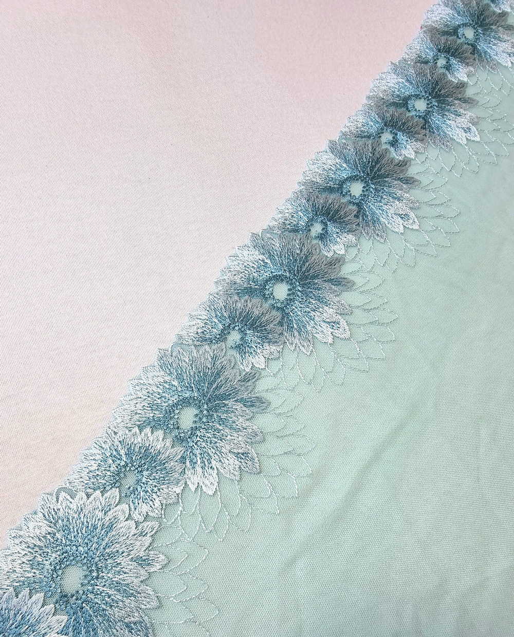 Вышивка на сетке ментоловая с цветами К182 правая