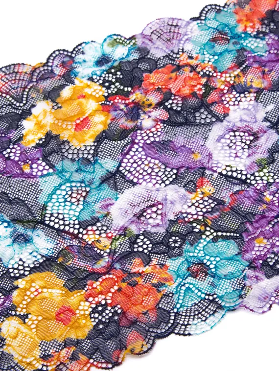 03-234 Кружево эластичное 22 см, garden, черный/фиолет/лиловый/голубой