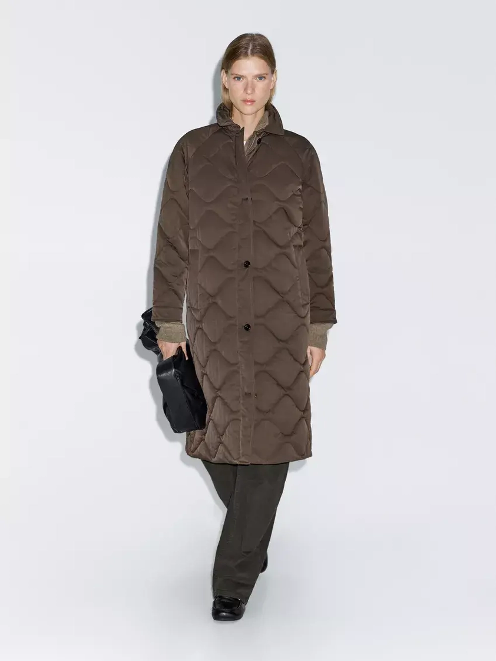 Massimo Dutti Удлиненный непромокаемый пуховик, темный хаки