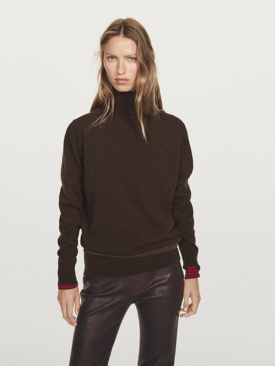Massimo Dutti Трикотажный свитер из 100% кашемира с высоким воротником, коричневый
