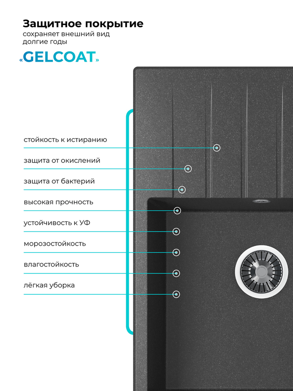 Мойка POLYGRAN DEKA-780 черный №16, смеситель DORADO черный