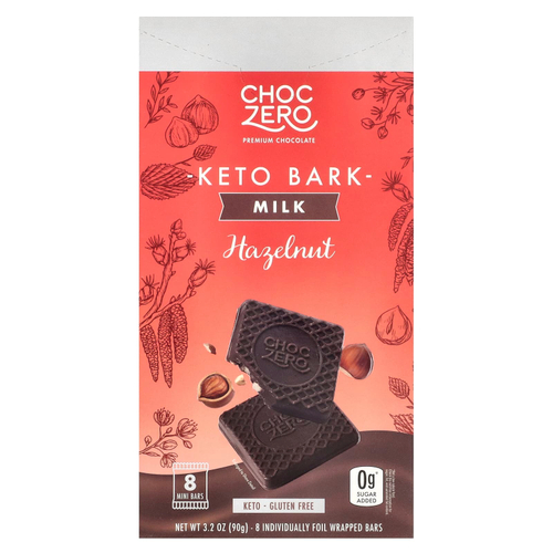 ChocZero, Keto Bark, молочный шоколад, фундук, 8 батончиков, 90 г (3,2 унции)