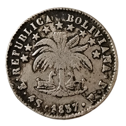 Монета Боливии 4 суэльдо 1857 год