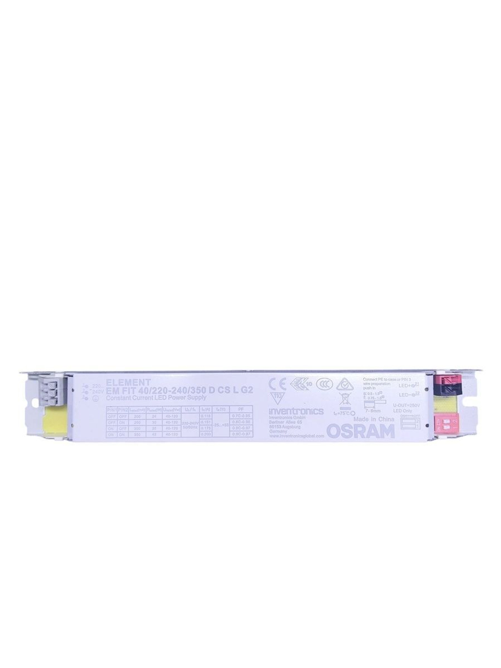 Светодиодный драйвер EM FIT 40/220-240/350 D CS L 8-42W 40-120V DIP-пер 200/250/300/350 mA 210x30x21mm - OSRAM