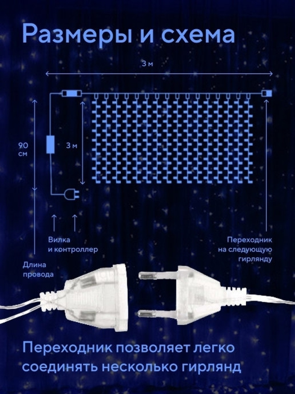 Гирлянда новогодняя штора 3x3/занавес/светодиодная/на окно/дождик
