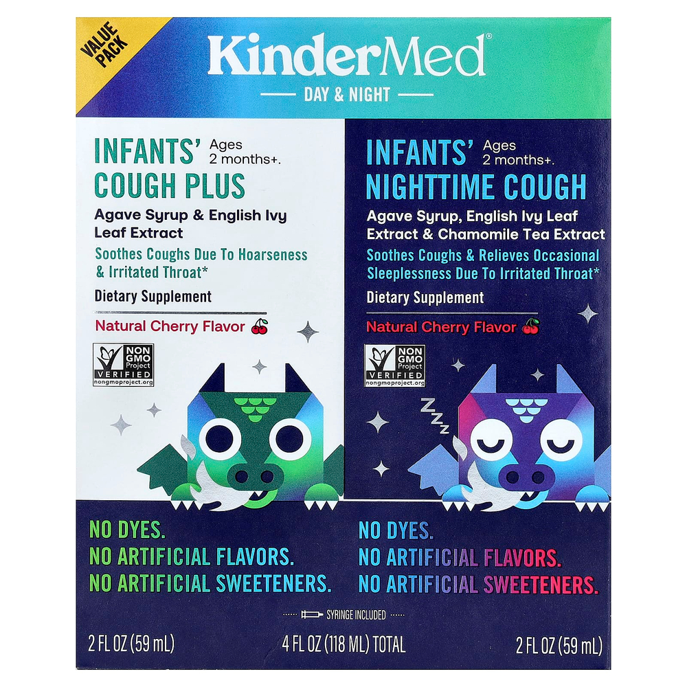 KinderFarms, KinderMed®, средство от кашля для младенцев от 2 месяцев, натуральный вкус вишни, 2 флакона по 59 мл (2 жидк. унции)