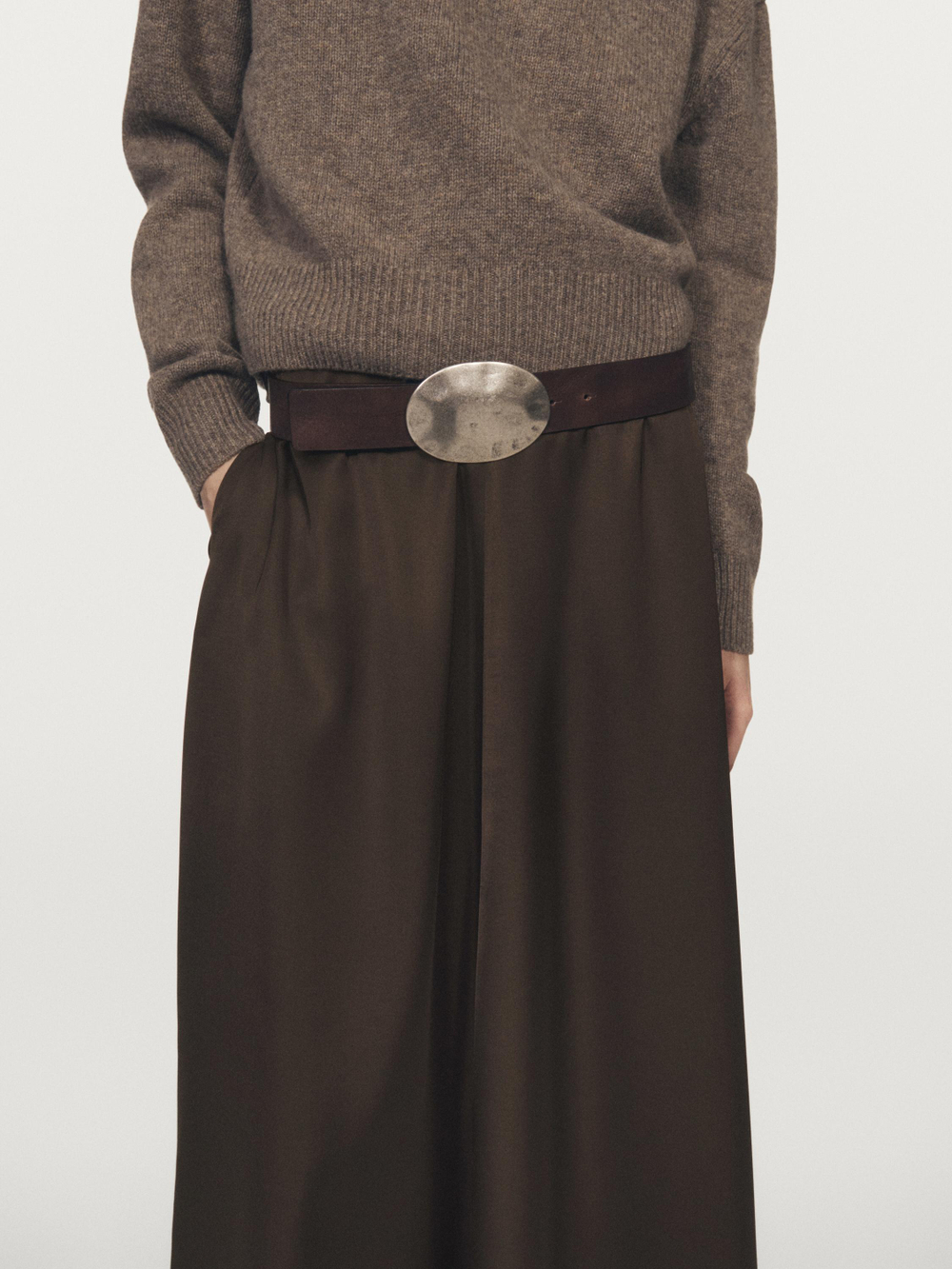 Massimo Dutti Юбка миди из атласа с карманами, шоколадный