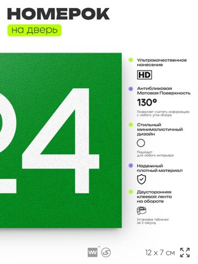 Номер на дверь 524, табличка на дверь для офиса, квартиры, кабинета, аудитории, склада, зеленая 120х70 мм, Айдентика Технолоджи