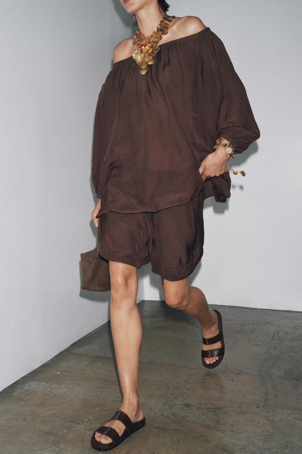 ZARA ТОП С ОТКРЫТЫМИ ПЛЕЧАМИ ZW COLLECTION, КОРИЧНЕВЫЙ