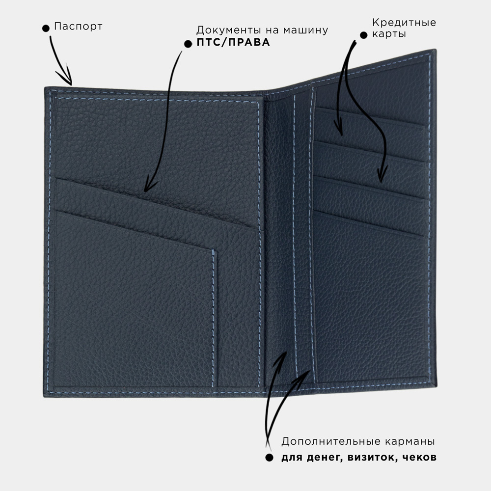 Кожаная обложка для паспорта и автодокументов, теленок синего цвета