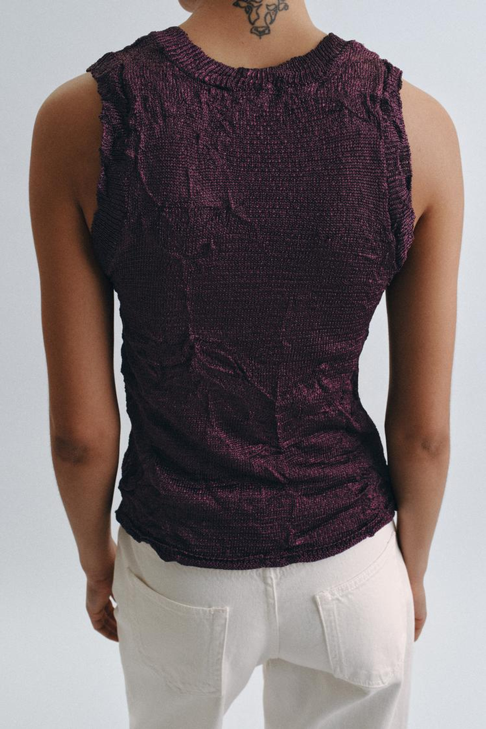 ZARA ТОП ИЗ ЖАТОГО ТРИКОТАЖА, БАКЛАЖАННЫЙ