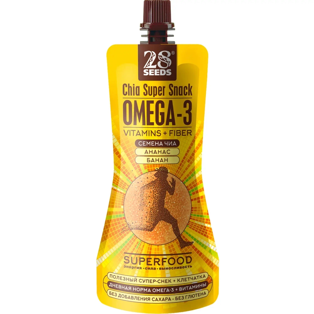 Супер-снек ЧИА ОМЕГА-3 «Ананас + Банан» 150 г 28SEEDS — вид спереди упаковки