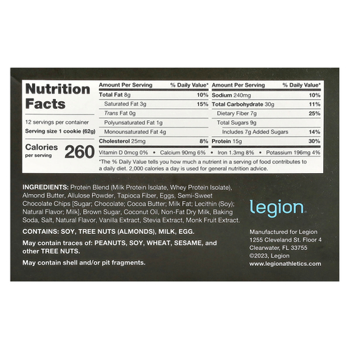 Legion Athletics, Protein Cookie, шоколадная крошка, 12 печений, 62 г (2,19 унции)