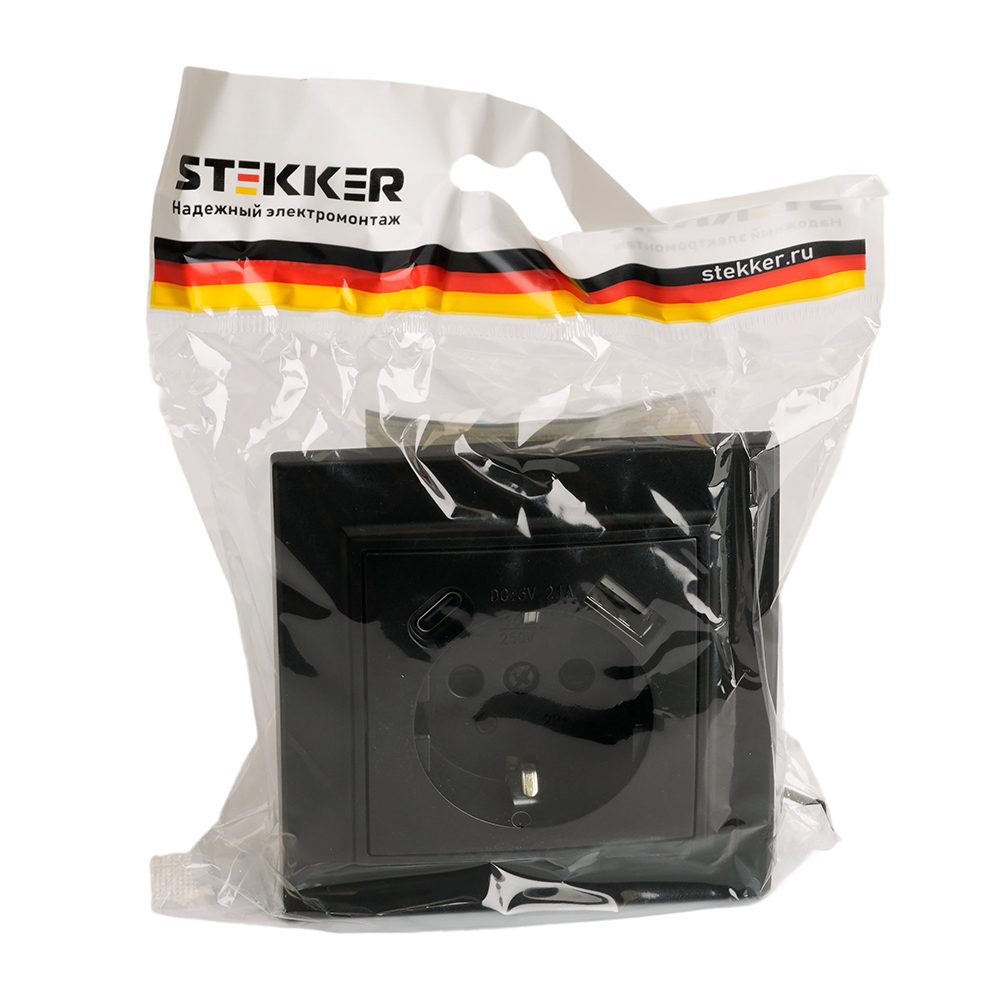Розетка 1-местная с/з STEKKER, PST16-9016-03, 250В, 16А с USB+ type C, серия Эрна, черный 50078
