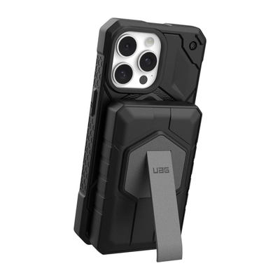 Внешний аккумулятор MagSafe с подставкой UAG Rugged 10K (10000 мА·ч) Беспроводная зарядка: Qi 10 Вт. Проводная зарядка: USB-C. Есть LED-индикация. Энергоёмкость — 38,5 Вт·ч. Максимальная выходная мощность — 20 Вт