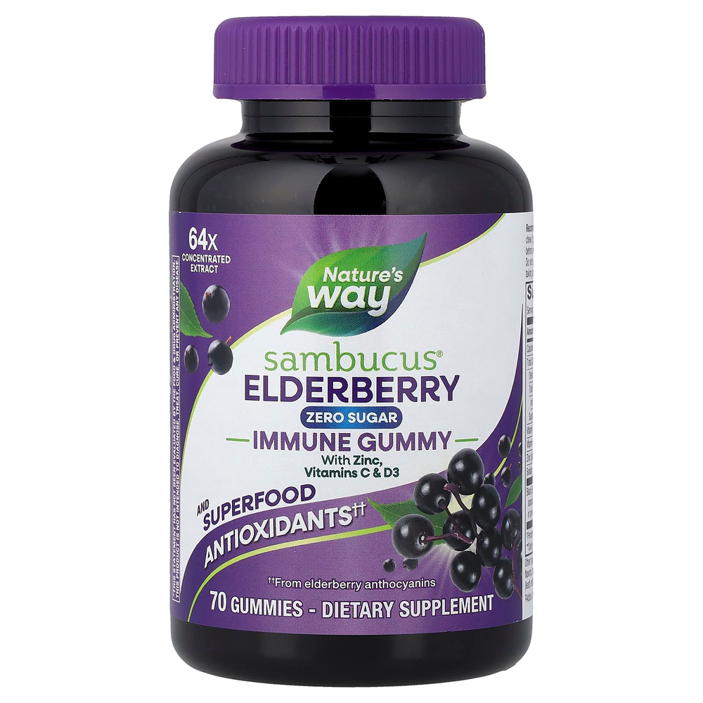 Nature's Way, Sambucus®, бузина для укрепления иммунитета, с цинком, витаминами C и D3, 70 жевательных таблеток