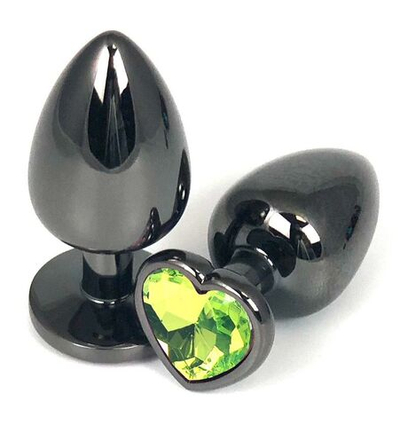 Черная металлическая анальная пробка с лаймовым стразом-сердечком - 7,5 см. (Цвет: лаймовый)