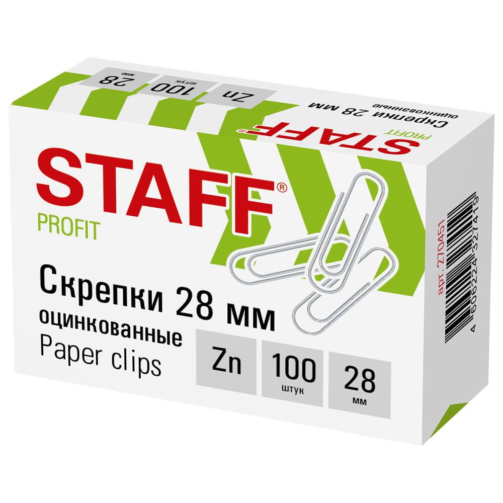 Скрепки STAFF 28 мм оцинкованные 100 шт. в картонной коробке (30 штук в упаковке)