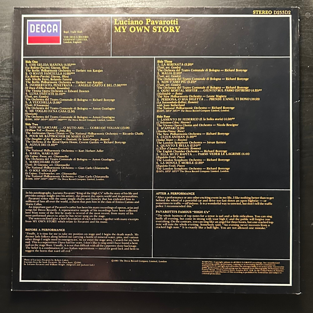 Luciano Pavarotti - My Own Story 2LP (Голландия 1981г.)