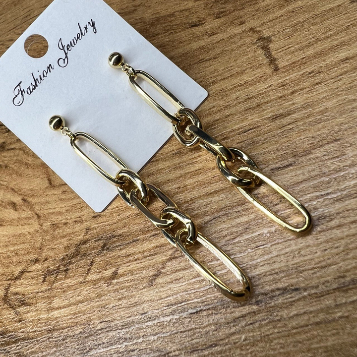 Серьги "Цепи" бусинка подвеска 5 звеньев ассорти плетение якорное овал плоский и круглый металл золотистый желтый 6 см