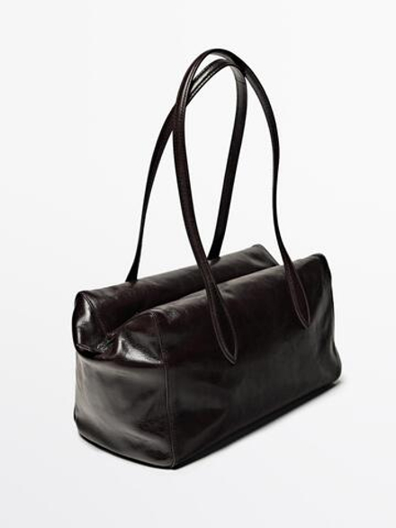 Massimo Dutti Сумка-сэтчел из кожи наппа с мотивом кракле, коричневый