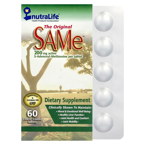 NutraLife, SAM-e, 200 мг, 60 таблеток, покрытых кишечнорастворимой оболочкой