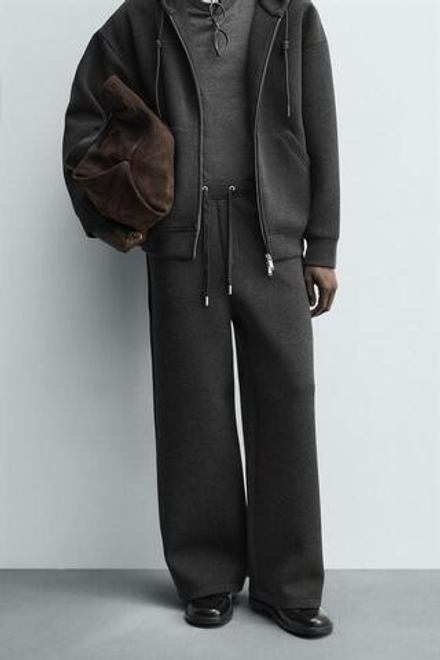 ZARA БРЮКИ INTERLOCK WIDE FIT, ТЕМНО-СЕРЫЙ