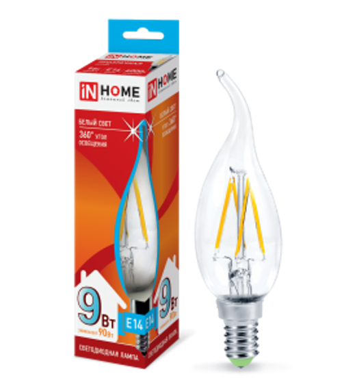 Лампа светодиодная LED-СВЕЧА НА ВЕТРУ-deco 9Вт 230В Е14 4000К БЕЛЫЙ 1040Лм прозрачная IN HOME