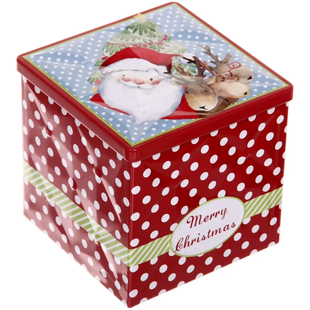 Банка жестяная 9*9*9см «Дед Мороз и Олени»