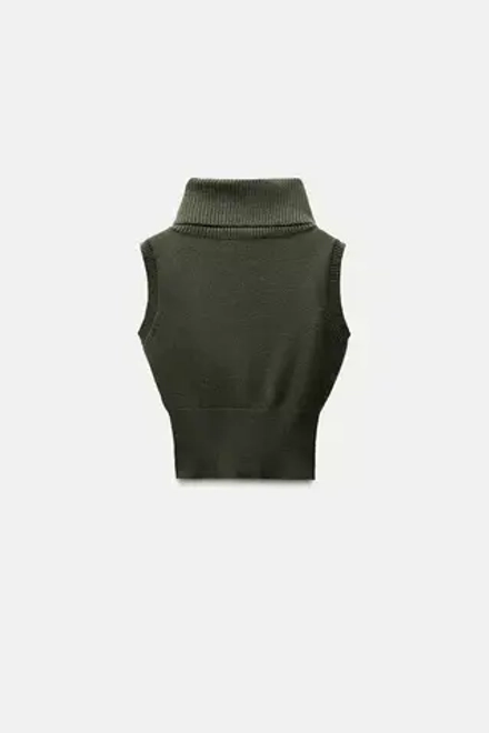 ZARA ТРИКОТАЖНЫЙ ЖИЛЕТ С ВЫСОКИМ ВОРОТНИКОМ, ХАКИ