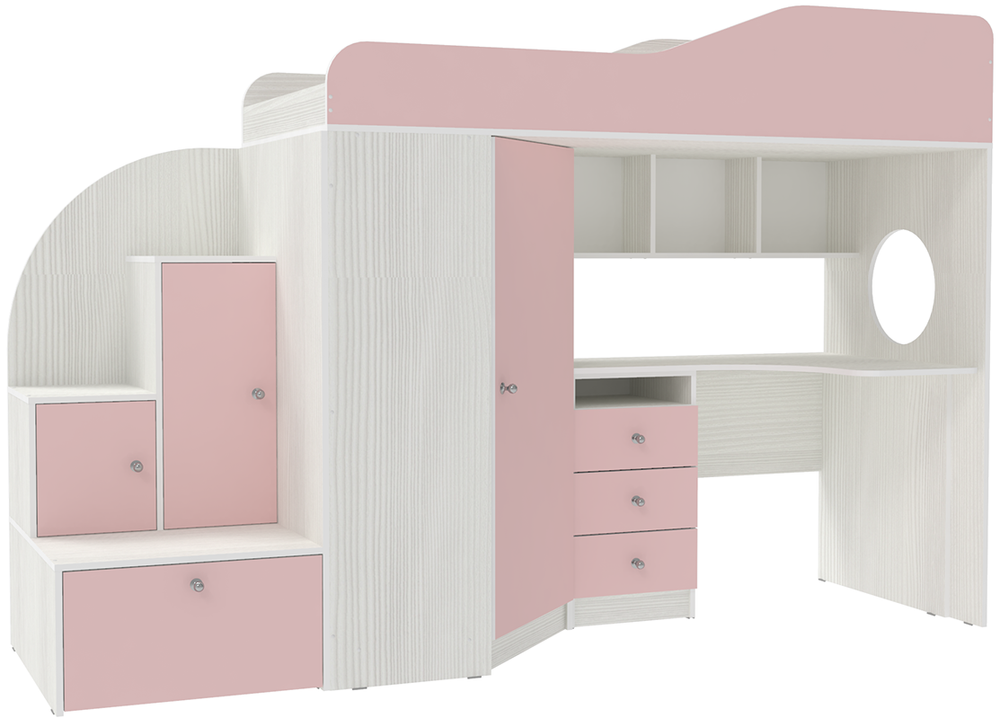 Кровать-чердак КарИВи Кадет 1 Белое Дерево Розовый