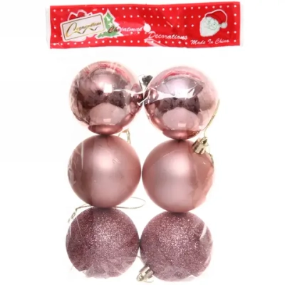Новогодние шары 6 см (набор 6 шт) «Микс фактур», Розовое золото (пакет)