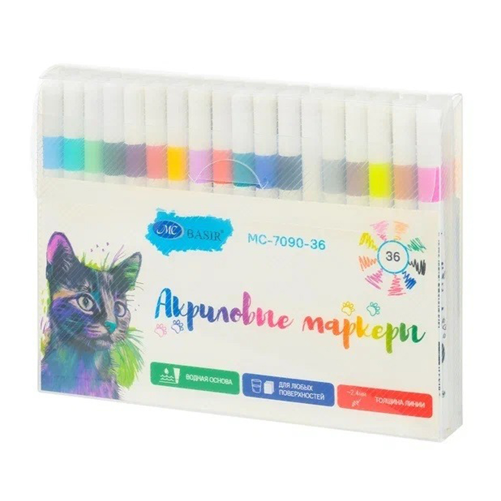 Маркер для скетчинга Basir, акриловый, серия "Котики" на водной основе, 36 цветов