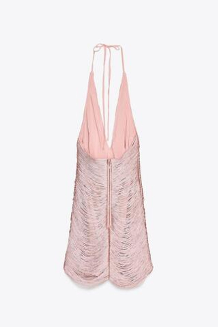 ZARA КОРОТКОЕ ПЛАТЬЕ ХАЛТЕР С БАХРОМОЙ, ПЫЛЬНЫЙ РОЗОВЫЙ