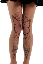 Колготки +size с имитацией симметричных тату с женскими лицами и бабочками (Размер: XL-XXL-XXXL) (Цвет: бежевый)