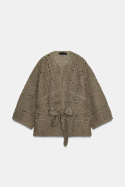 ZARA ВЯЗАНЫЙ КАРДИГАН С ПОЯСОМ, СВЕТЛЫЙ ХАКИ